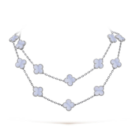 CLOVER 20 MOTIF CHALCEDONY 86CM SILVER NECKLACE