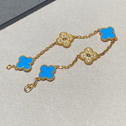 CLOVER 5 MOTIF TURQUOISE DIAMOND GOLD BRACELET