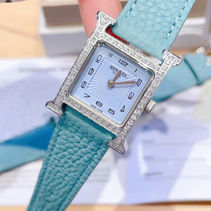 HM HEURE H 26 SILVER BLUE DIAL DIAMOND BEZEL EPSOM LEATHER