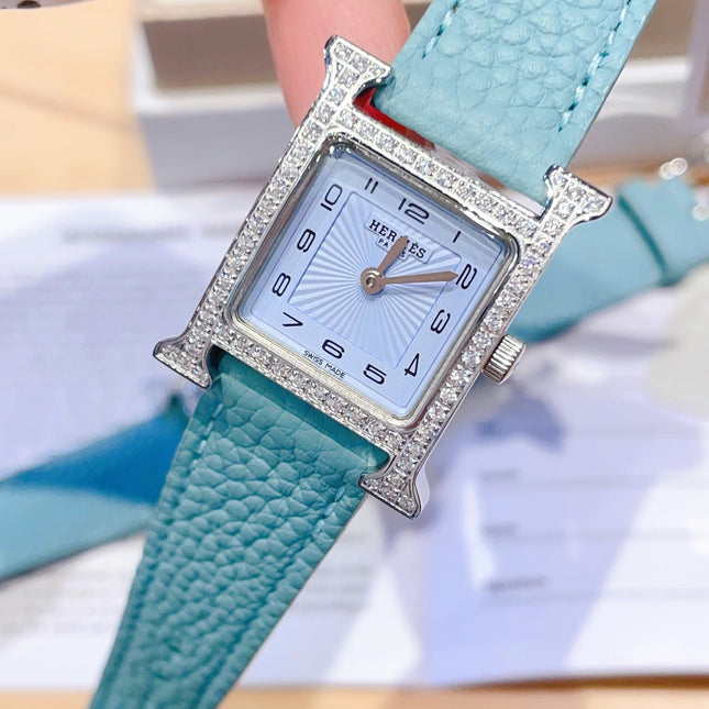 HM HEURE H 26 SILVER BLUE DIAL DIAMOND BEZEL EPSOM LEATHER