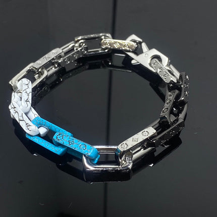 LV MONOGRAM BLACK SILVER BLUE CHAIN BRACELET