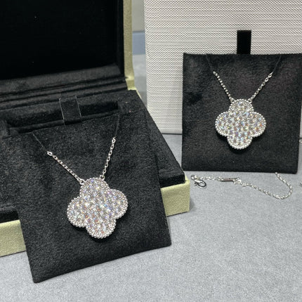 CLOVER LARGE PENDANT DIAMOND PAVED SILVER NECKLACE