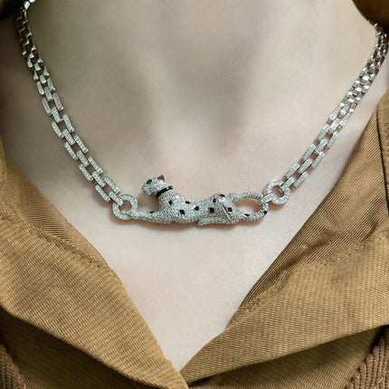 PANTHERE DE CARTI SILVER DIAMOND ONYX CHAIN NECKLACE