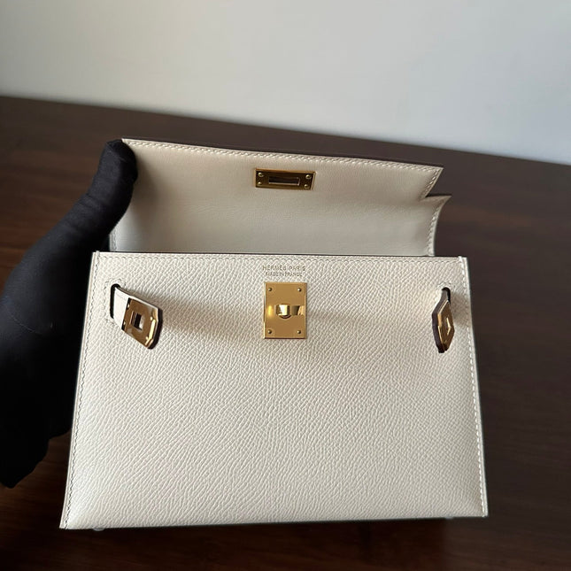 HM KELLY MINI 20 WHITE EPSOM GOLD HARDWARE