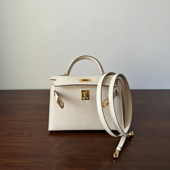 HM KELLY MINI 20 WHITE CHEVRE GOLD HARDWARE