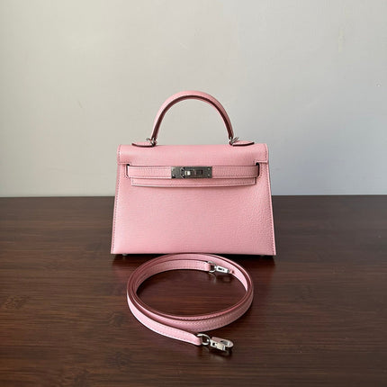 HM KELLY MINI 20 PINK CHEVRE SILVER HARDWARE