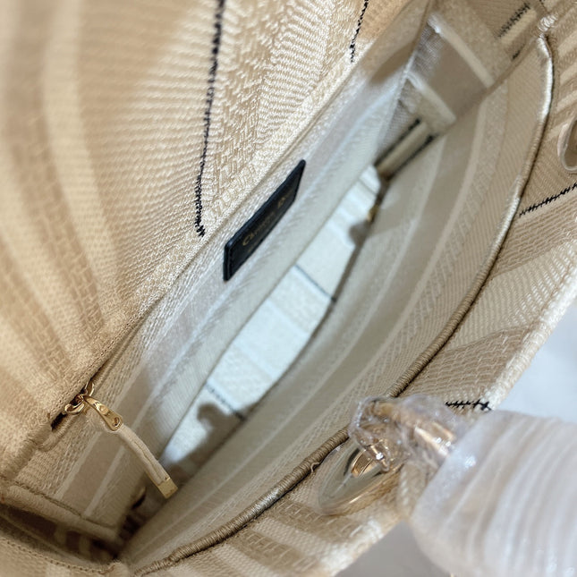 MEDIUM LADY-DLITE BAG BEIGE STRIPES EMBROIDERY