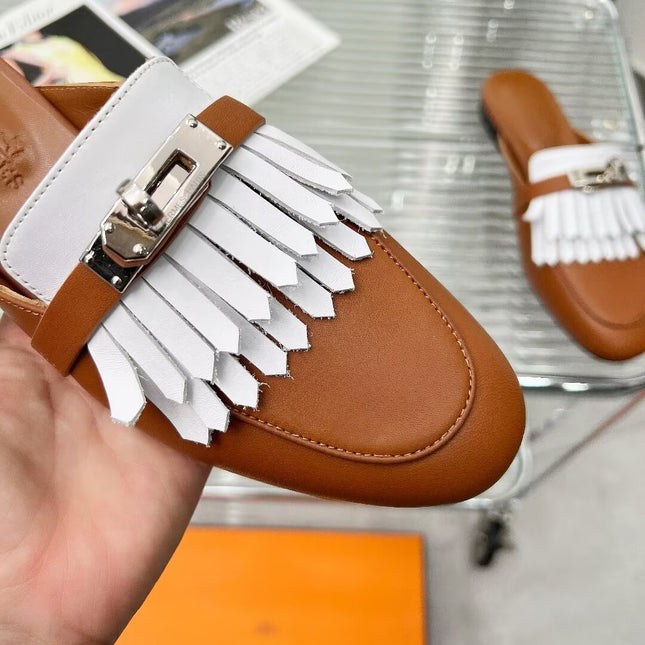 OZ MULE CARAMEL MIX FRINGED WHITE CALFSKIN