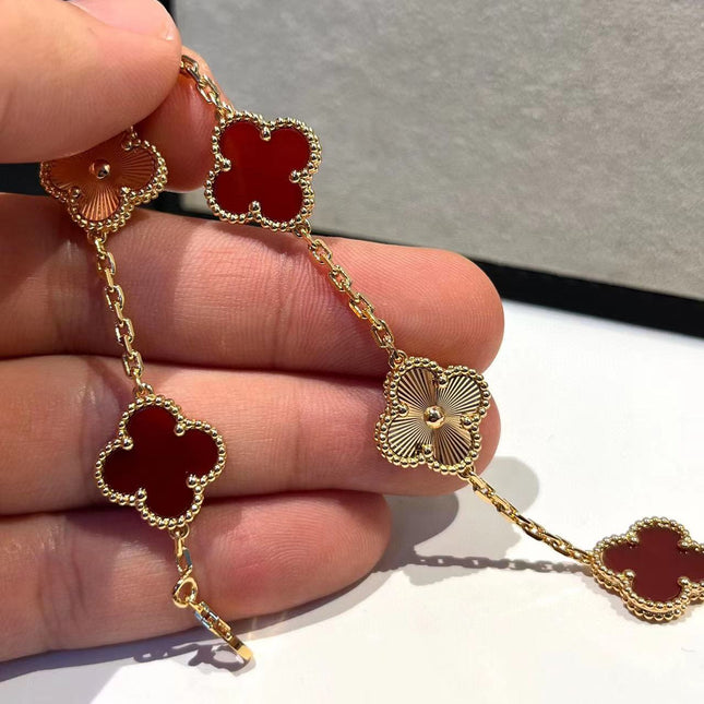 CLOVER BRACELET 5 MOTIFS CARNELIAN PINK GOLD