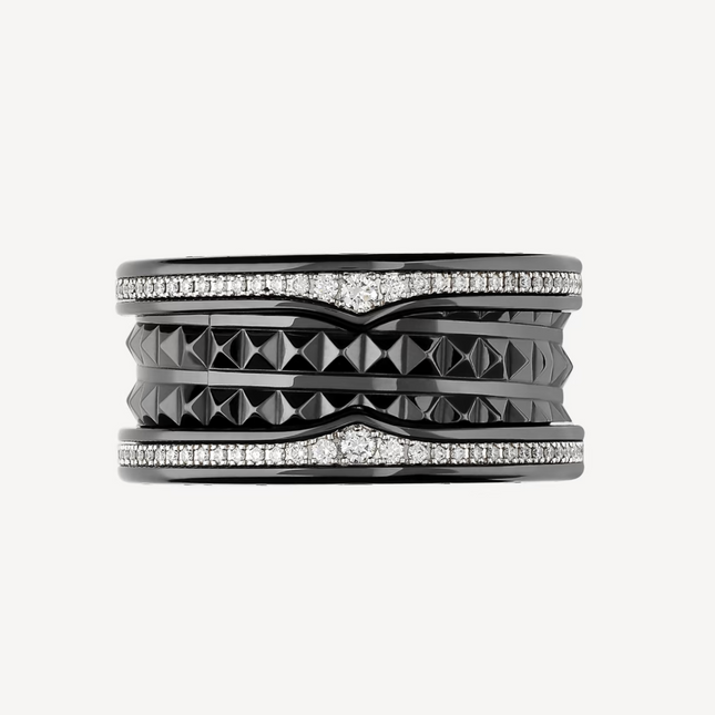 ZERO 1 ROCK FOUR-BAND BLACK CERAMIC WITH STUDDED SPIRAL AND PAVED DIAMONDS RING