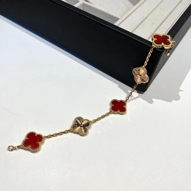 CLOVER BRACELET 5 MOTIFS CARNELIAN PINK GOLD