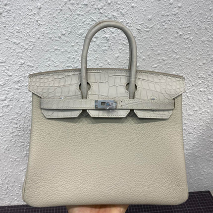 HM BIRKIN 25CM GRIS PERLE CROCODILE AND TOGO LEATHER SILVER HARDWARE