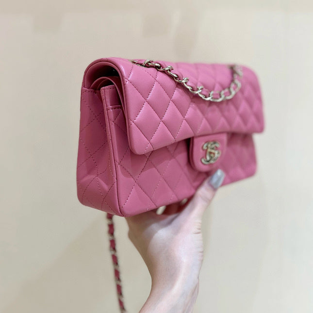 FLAP BAG 23CM GEM PINK LAMBSKIN GOLD HARDWARE