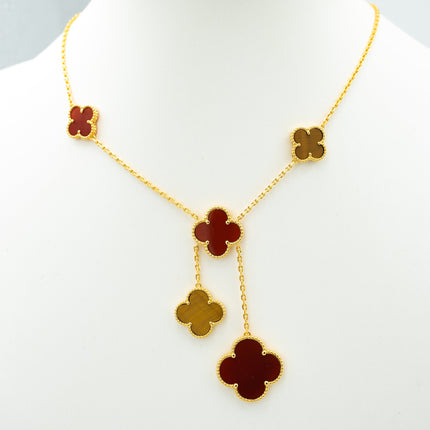 CLOVER TIGER EYE CARNELIAN NECKLACE 6 MOTIF