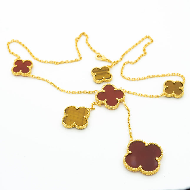 CLOVER TIGER EYE CARNELIAN NECKLACE 6 MOTIF