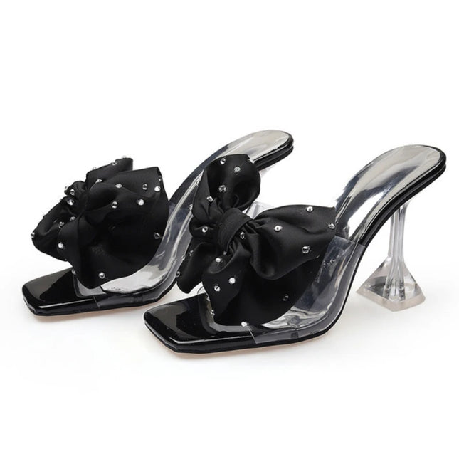 Rhinestone Peep Toe Stiletto Heels - Bow Sandals