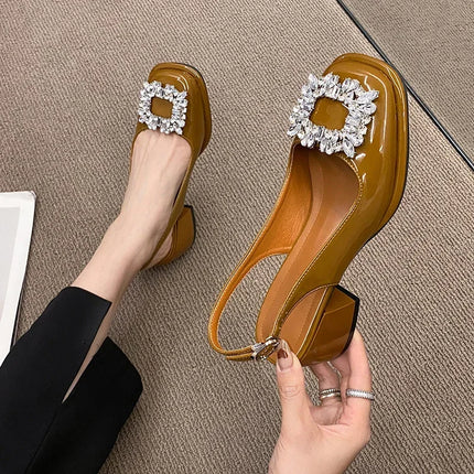 Spring Autumn Square Toe Crystal Mary Jane Low Heels