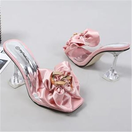 Pink Butterfly-Knot Clear Heels - Transparent Sandals for Women