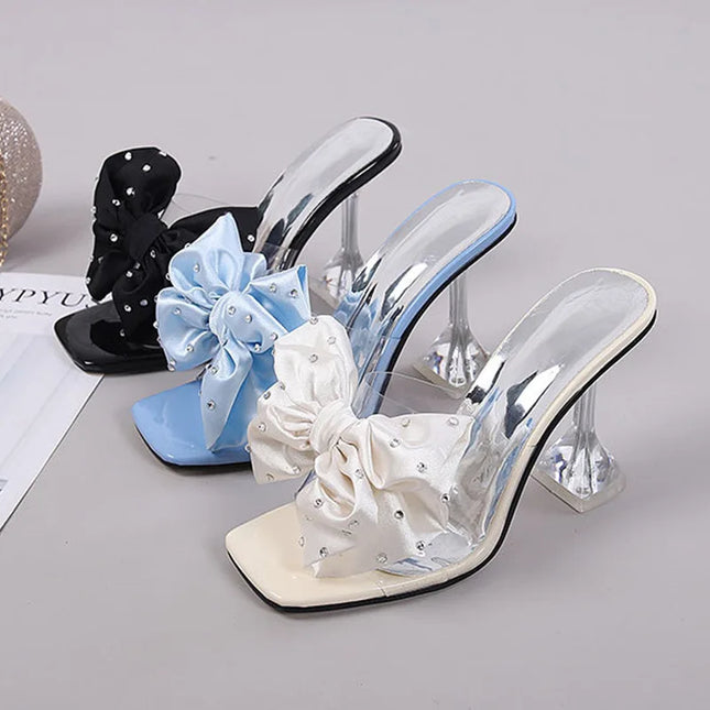 Rhinestone Peep Toe Stiletto Heels - Bow Sandals