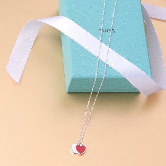 DOUBLE HEART TAG PENDANT SILVER MINI NECKLACE