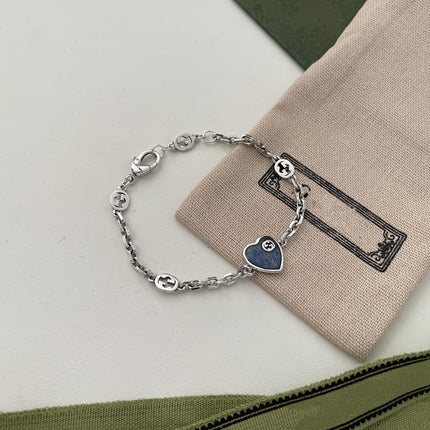 GG HEART AGED FINISH STERLING SILVER BLUE ENAMEL BRACELET