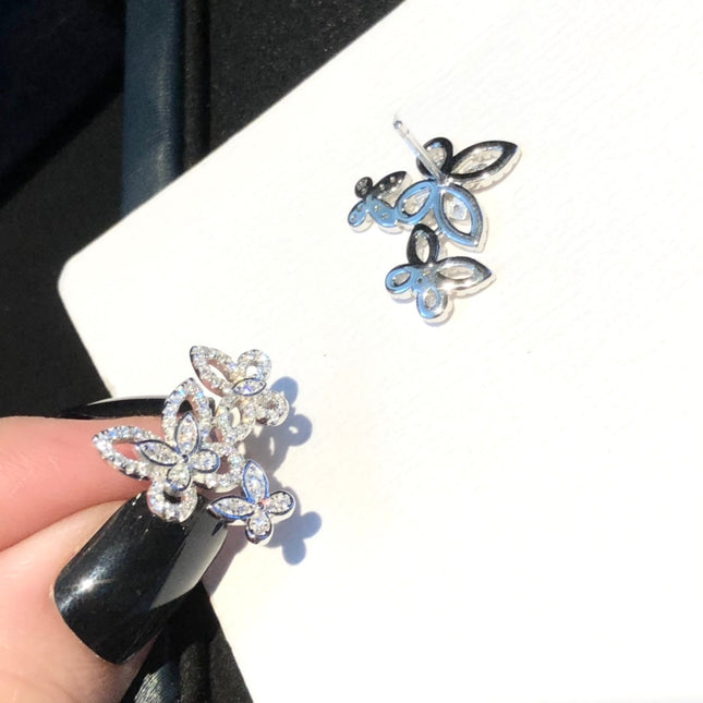 TRIPLE BUTTERFLY SIHOUETTE SILVER DIAMOND EARRINGS