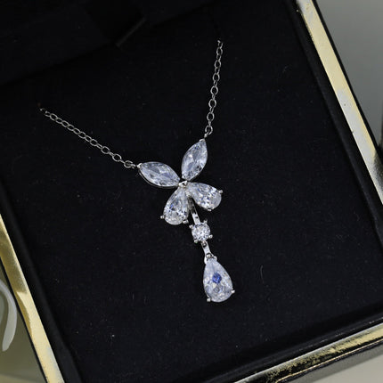 BUTTERFLY PEAR SHAPE CLASSIC SILVER DIAMOND DROP NECKLACE