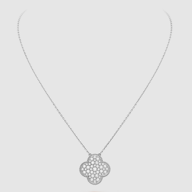 CLOVER LARGE PENDANT DIAMOND PAVED SILVER NECKLACE