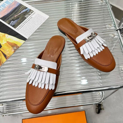 OZ MULE CARAMEL MIX FRINGED WHITE CALFSKIN