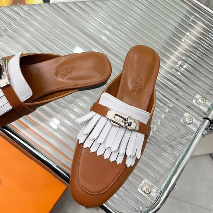 OZ MULE CARAMEL MIX FRINGED WHITE CALFSKIN