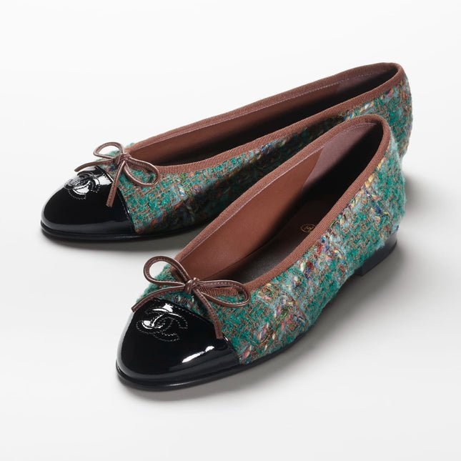 BALLET FLATS DARK GREEN BROWN TWEED