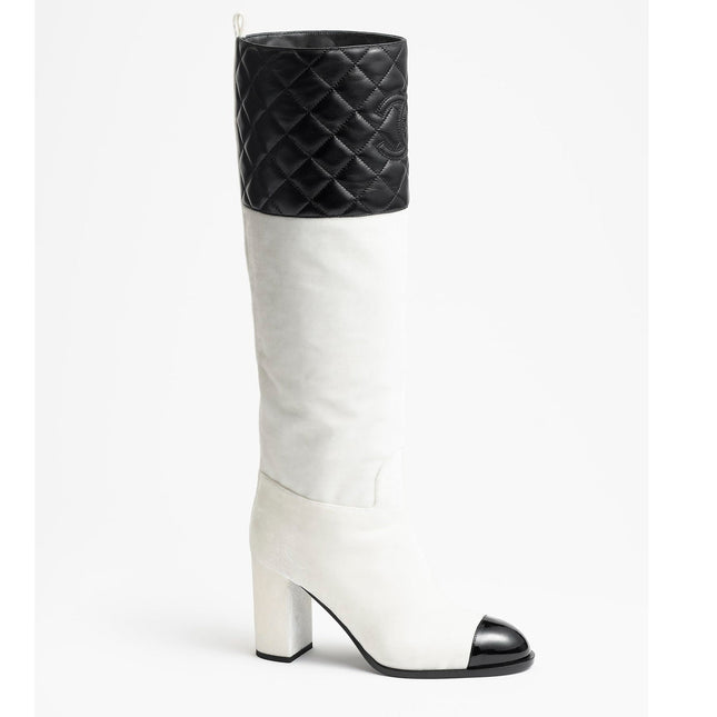 high boots white black velvet