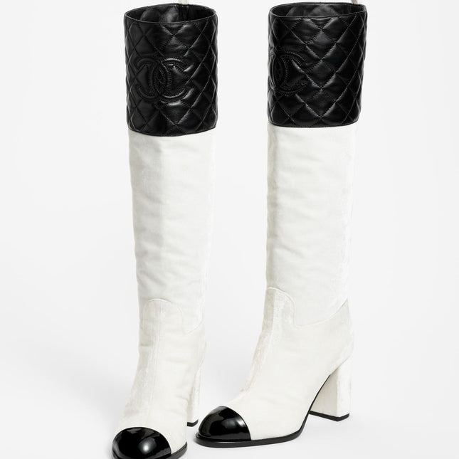 high boots white black velvet