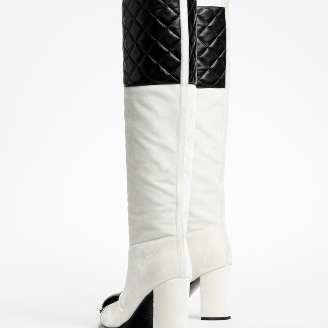 high boots white black velvet