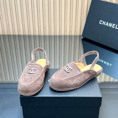 CHANEL 25S BACK STRAP MULE 15MM IN TAUPE GRAY SUEDE SILVER HARDWARE
