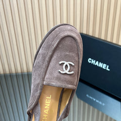 CHANEL 25S BACK STRAP MULE 15MM IN TAUPE GRAY SUEDE SILVER HARDWARE