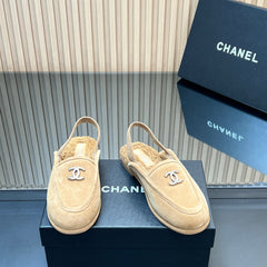 CHANEL 25S BACK STRAP MULE 15MM IN LIGHT BROWN SUEDE AND WOOL SILVER HARDWARE
