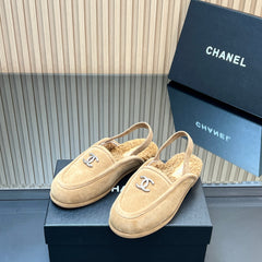 CHANEL 25S BACK STRAP MULE 15MM IN LIGHT BROWN SUEDE AND WOOL SILVER HARDWARE