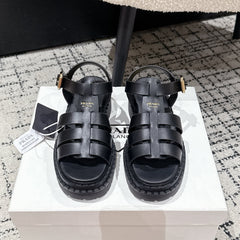 PRADA 25S FISHERMAN OPEN TOE SANDALS IN BLACK CALFSKIN