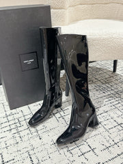 YSL 25S PLATFORM KNEE-HIGH BOOTS 70 MM IN BLACK GLOSSY LAMBSKIN