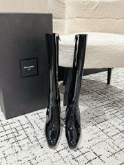 YSL 25S PLATFORM KNEE-HIGH BOOTS 70 MM IN BLACK GLOSSY LAMBSKIN