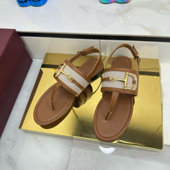 GG FLAT THONG SANDALS WITH ANKLE STRAP IN BROWN LAMBSKIN AND WHITE FABRIC