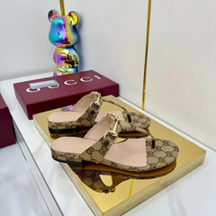 GG THONG SANDALS 25S IN DARK BEIGE LAMBSKIN MIX CANVAS WITH GOLD HARDWARE