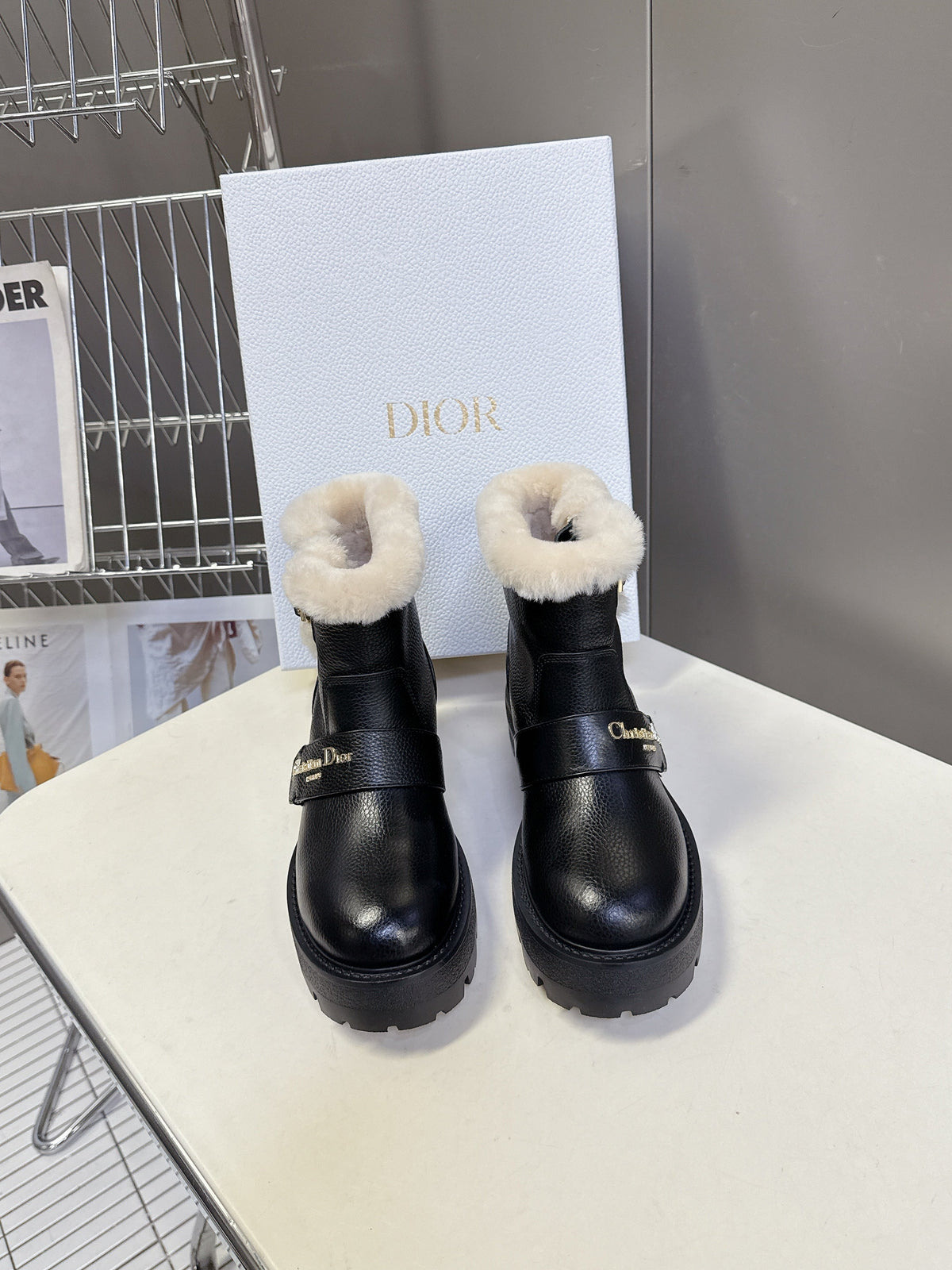 DIORALPS ANKLE BOOTS 25S IN BLACK LAMBSKIN AND BEIGE WOOL WITH SILVER HARDWARE