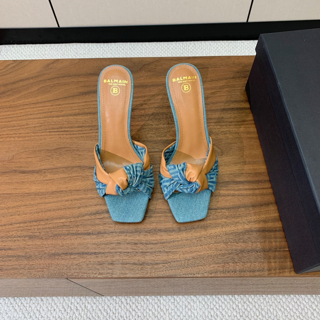 BALMAIN 25S HIGH HEEL MULES 95MM IN WARM CARAMEL DENIM AND CALFSKIN