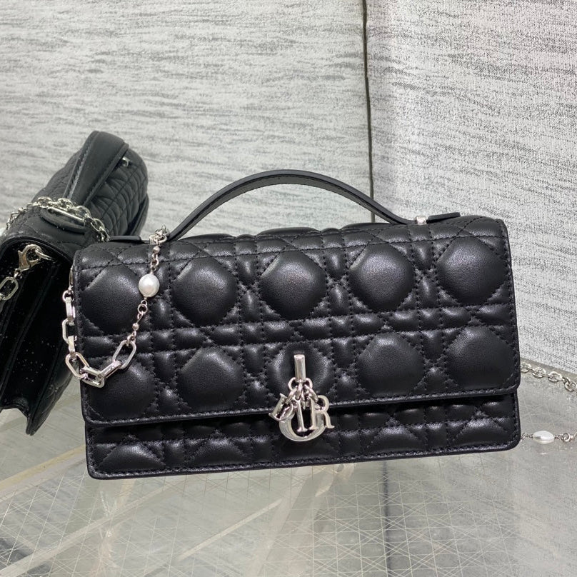 DIOR 25S DIOR TALK PHONE POUCH 21 IN BLACK CANNAGE LAMBSKIN SILVER HARDWRE