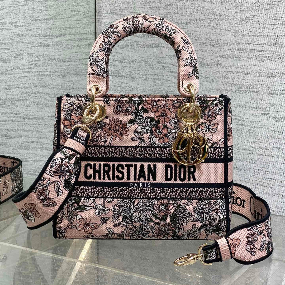 DIOR 25S SMALL LADY D-LITE BAG 24 IN PINK DIOR FLOWERS CALENDAR ALLOVER EMBROIDERY