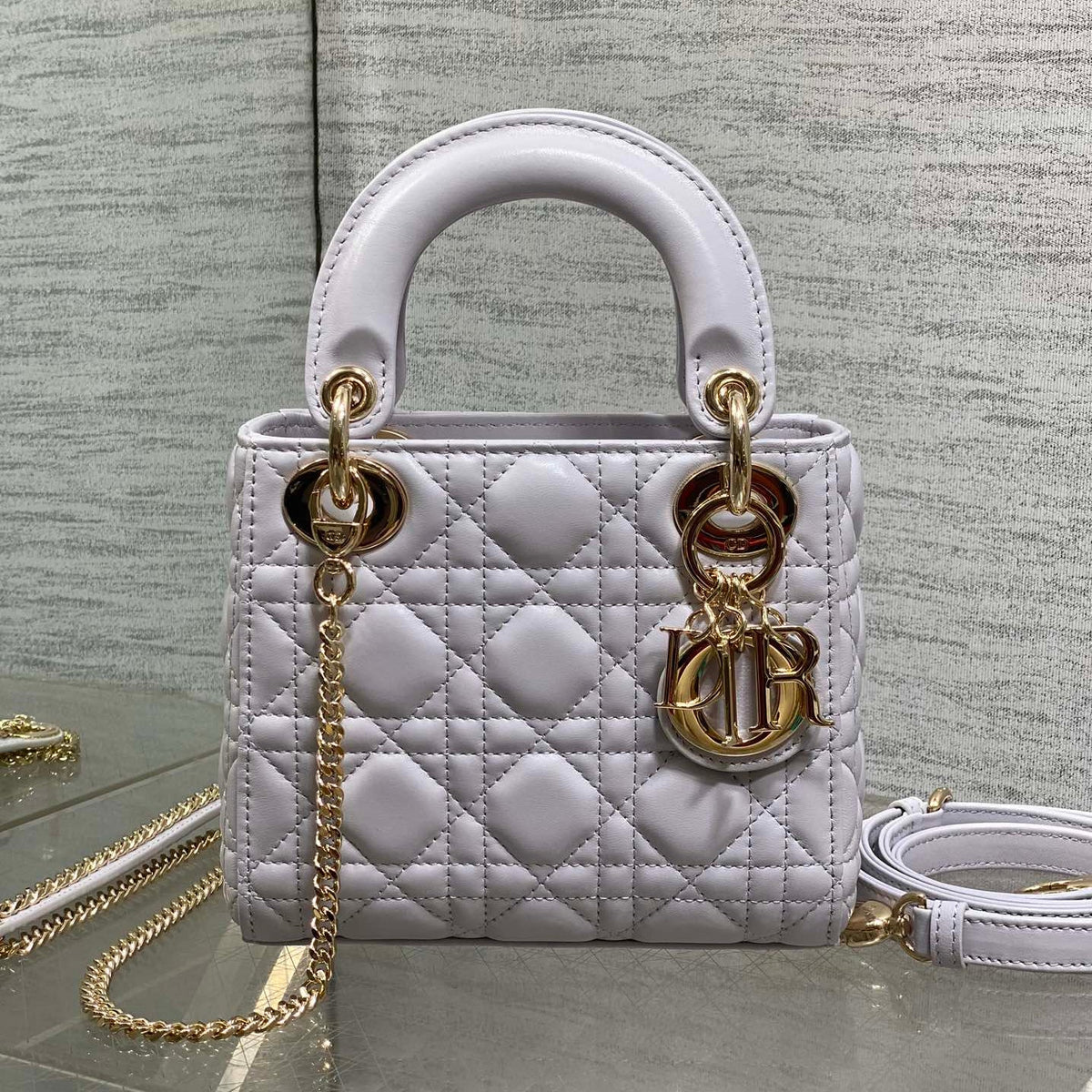 DIOR 25S MINI LADY DIOR BAG 17 IN LILAC CANNAGE CALFSKIN GOLD HARDWARE