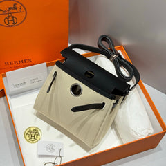 HERMES 25S MINI HERBAG 20 IN BEIGE AND BLACK CANVAS SILVER HARDWARE