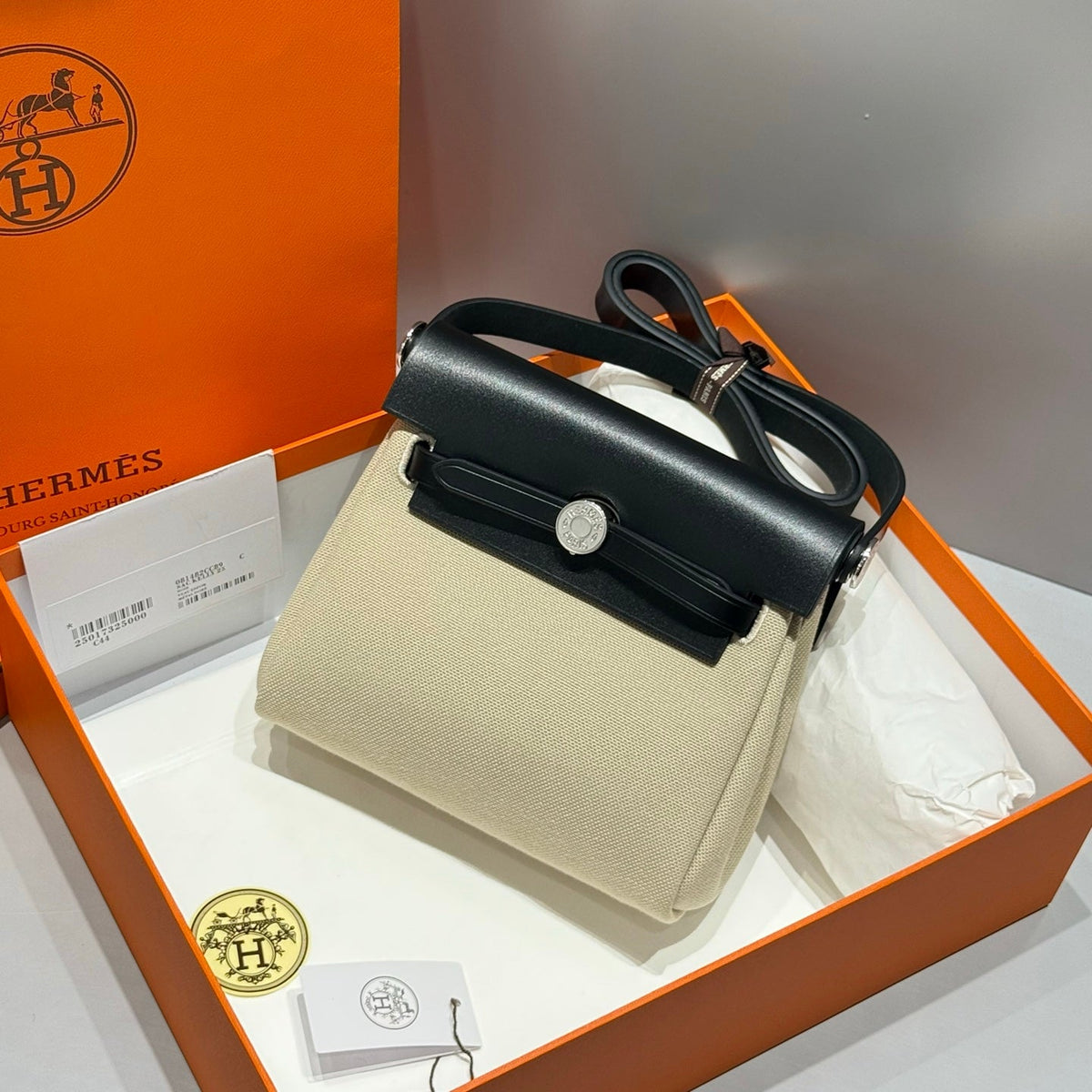 HERMES 25S MINI HERBAG 20 IN BEIGE AND BLACK CANVAS SILVER HARDWARE